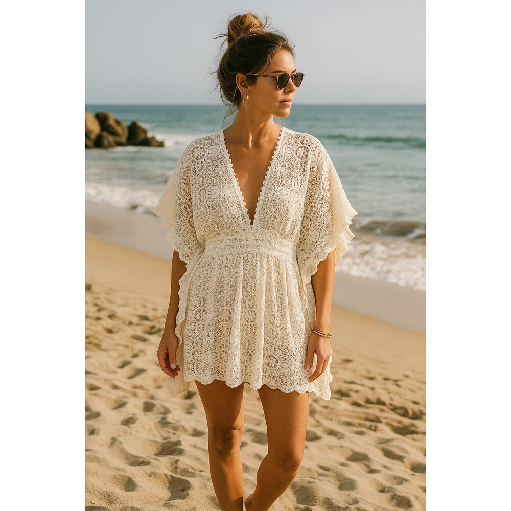 COTTAGECORE cream lace babydoll tunic coverup top fits size small